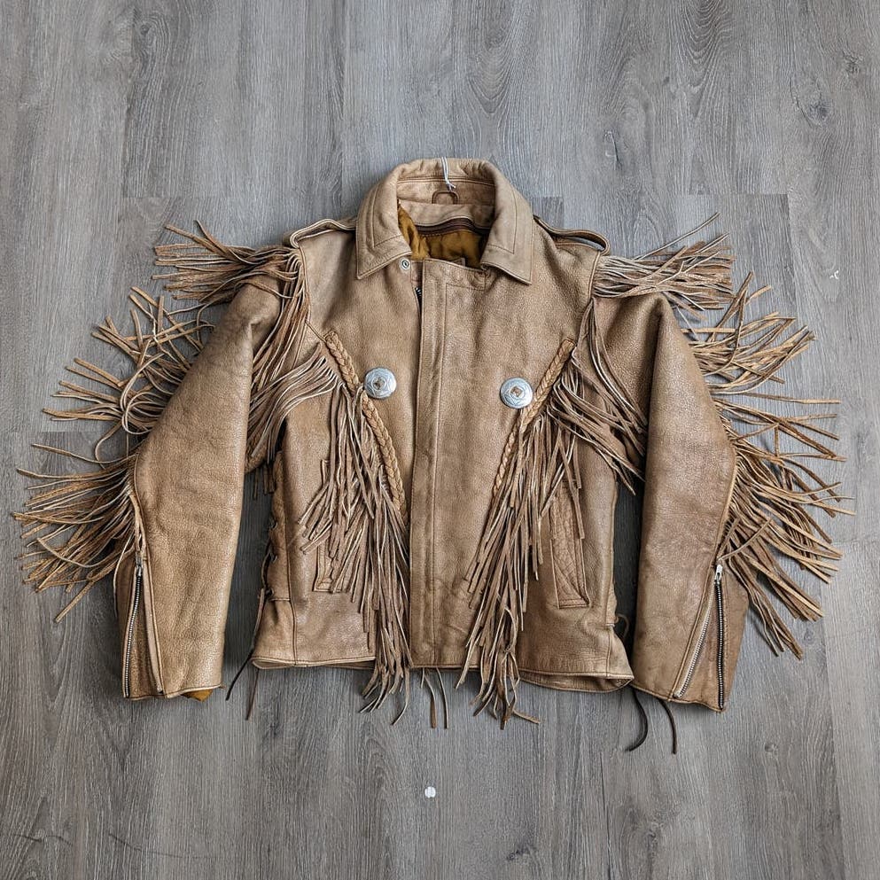 Vintage Light Caramel Brown Southwest Leather Fringe Biker Jacket