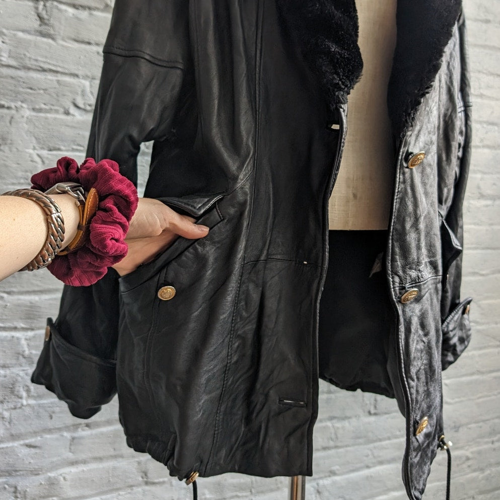 Vintage Black Genuine Leather Biker Jacket Hooded Faux Fur Grunge Duster Coat