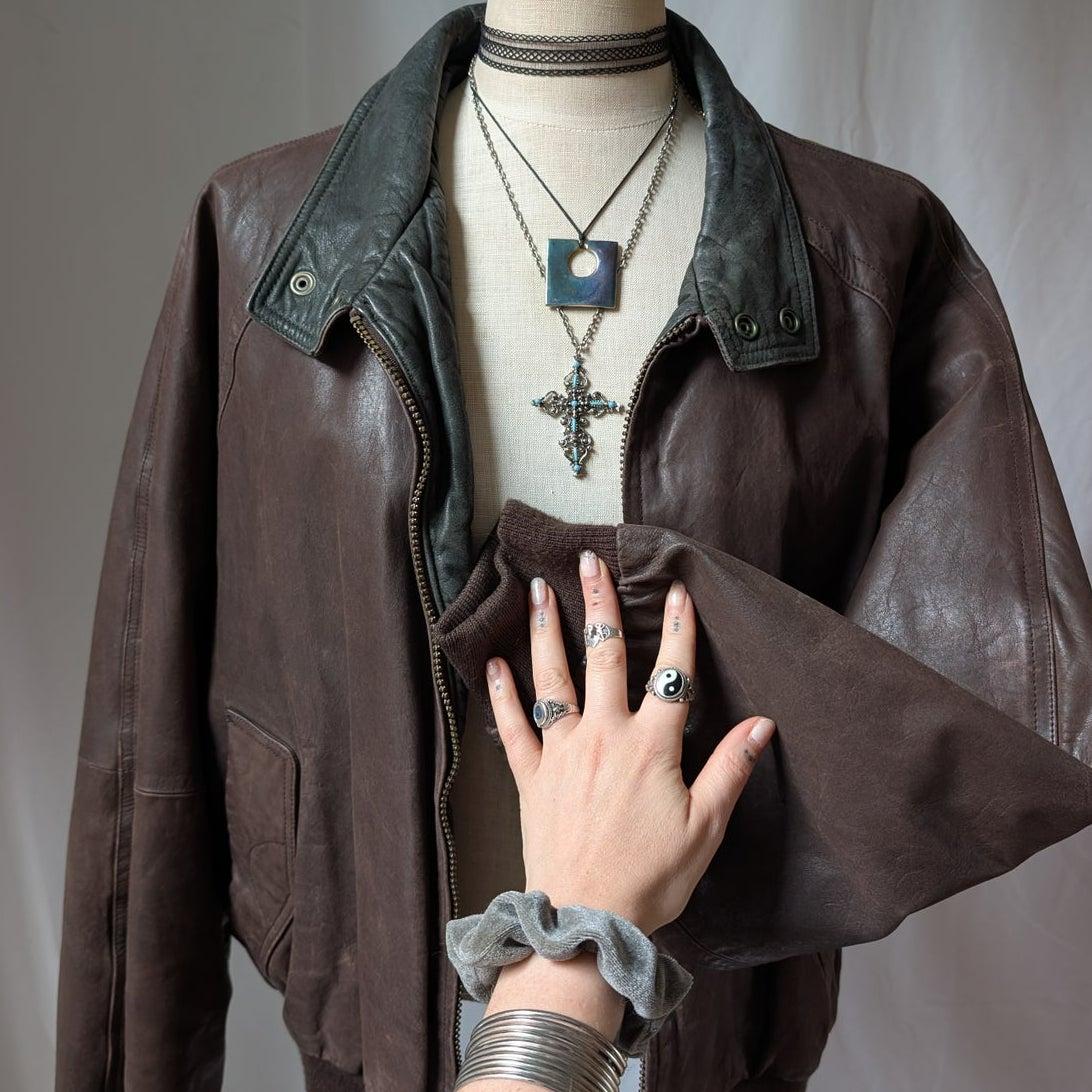 Vintage 90s Brown Leather Bomber Jacket L Slouchy Oversized Quilted Leather Coat