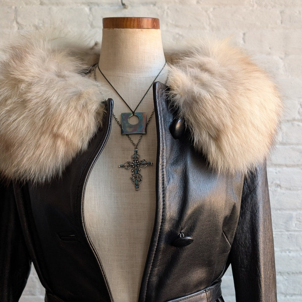 Vintage Black Genuine Leather Penny Lane Coat Fox Fur Trench Minimalist Jacket