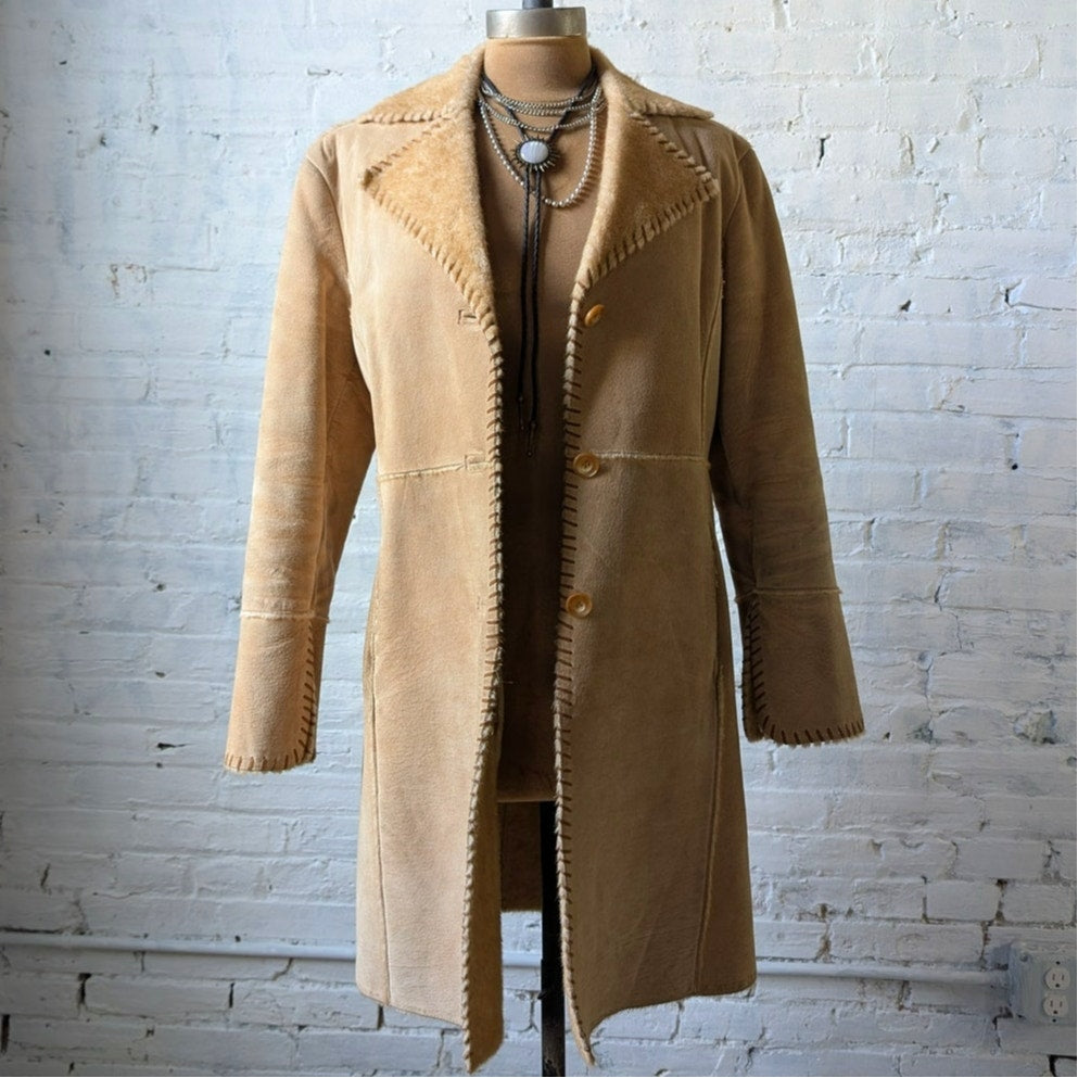 Vintage Neutral Tan Suede Leather Duster Groovy Boho Faux Fur Trench Coat Jacket