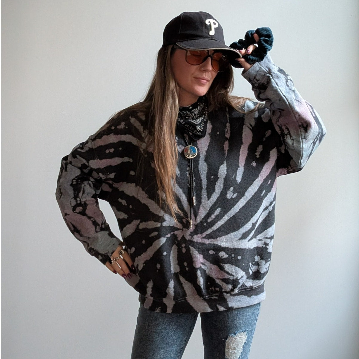 Vintage Black Custom Bleach Sweatshirt Distressed Tie Dye Festival Sweater Large