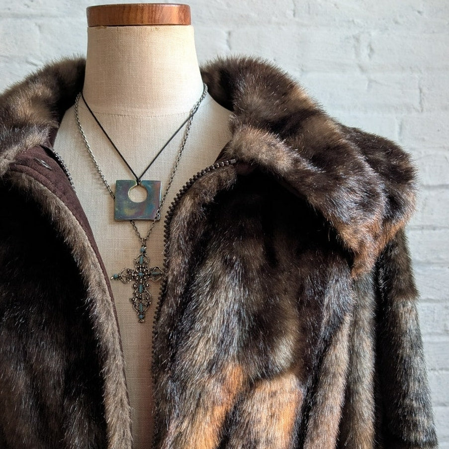 Vintage Brown Faux Fur Afghan Penny Lane Jacket Shaggy Furry Boho Trench Coat