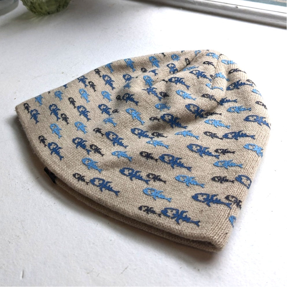 Y2K Vintage Vans Skeleton Fish Beanie 90s Skater Cream Blue Knit Skull Cap Hat