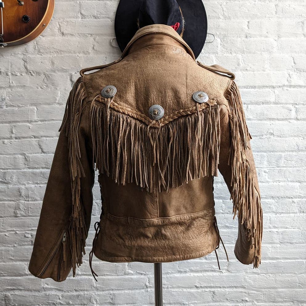 Vintage Light Caramel Brown Southwest Leather Fringe Biker Jacket