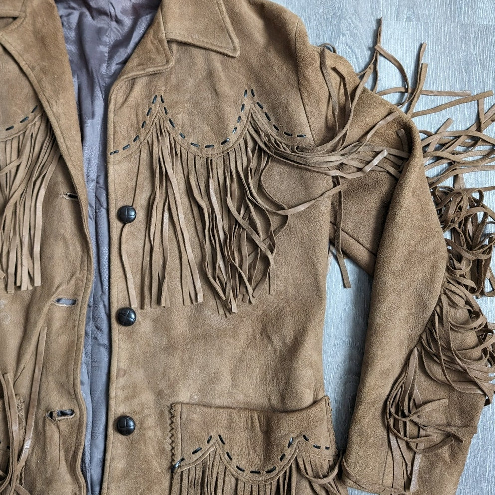 Vintage Brown Suede Fringe Jacket Classic Western Cowboy Genuine Leather Coat