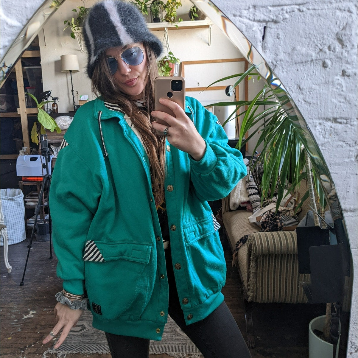 Vintage Oversize Sweater Jacket Reversible Green Sweat Jacket Fleece Coat Large