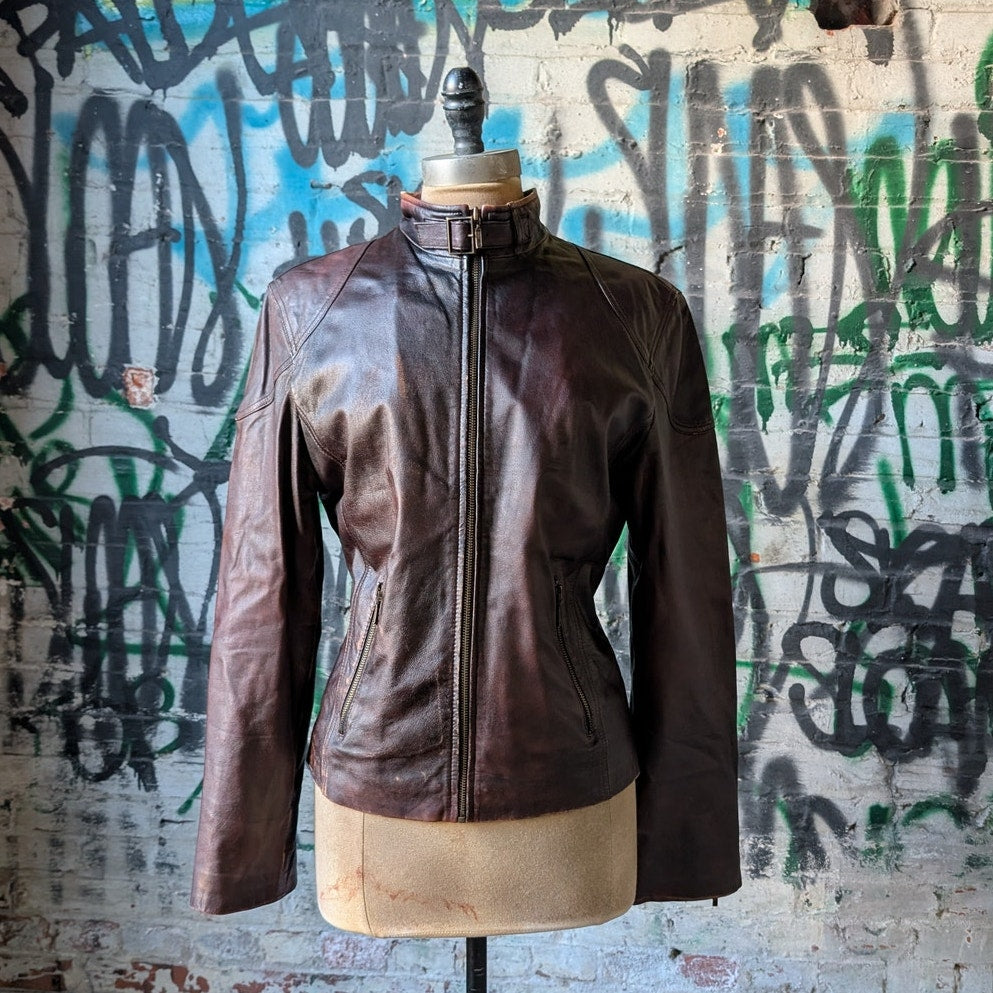 Vintage Brown Leather Moto Jacket Genuine Italian Chic Baddie Biker Bomber Coat