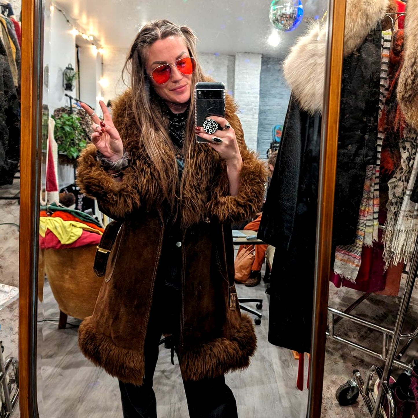 Vintage Penny Lane Fur Furry Genuine Suede Leather Groovy Mod Trench Coat Jacket