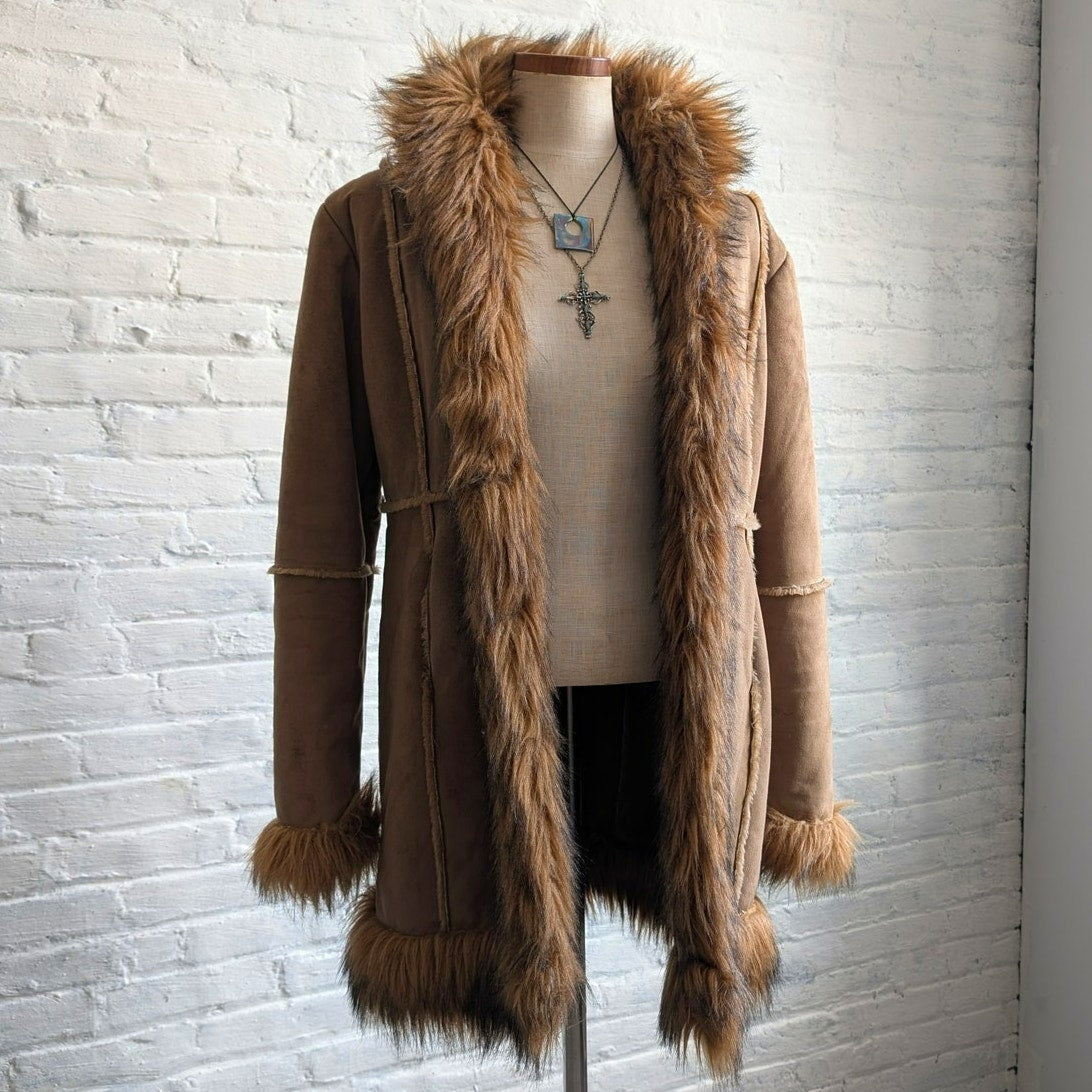Y2K Vintage Brown Suede Penny Lane Jacket Faux Fur Fuzz Leather Boho Trench Coat
