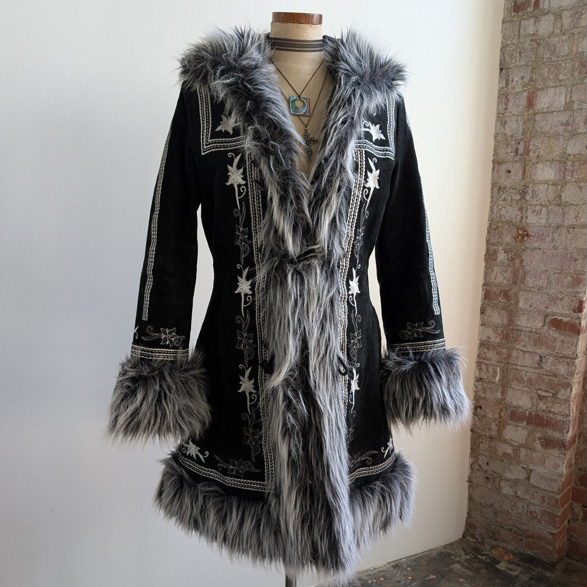 Vintage Black Suede Coat Penny Lane Groovy Faux Fur Jacket Afghan Trench Medium