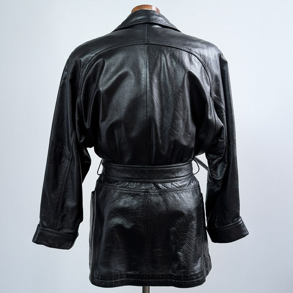 Vintage Black Leather Jacket Trench Coat Minimalist Goth Moto Biker Jacket Small