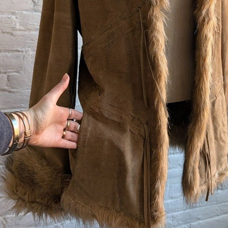 Vintage Brown Suede Penny Lane Jacket Afghan Faux Fur Groovy Leather Trench Coat