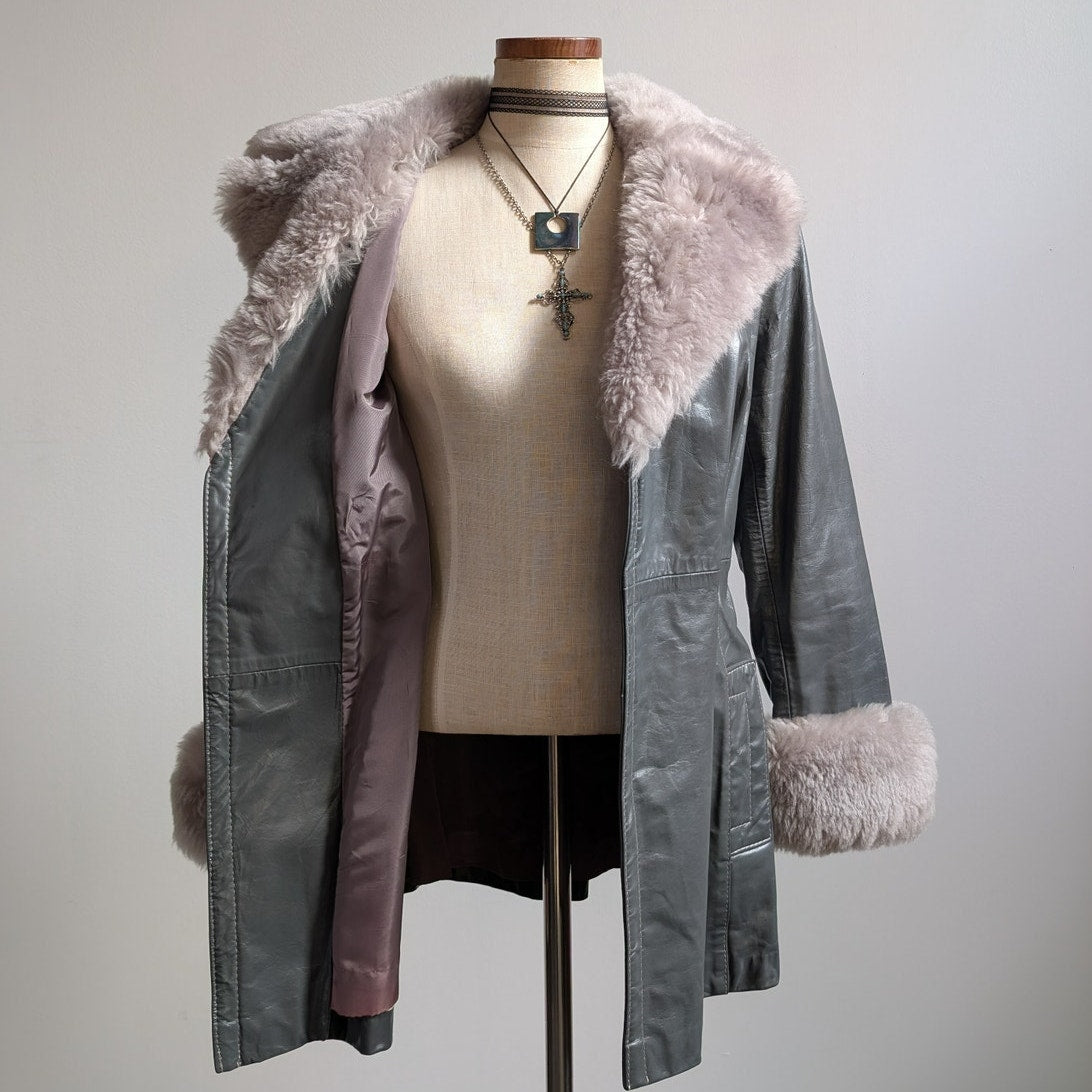 Vintage Blue Grey Leather Shearling Penny Lane Jacket Groovy Trench Coat Medium