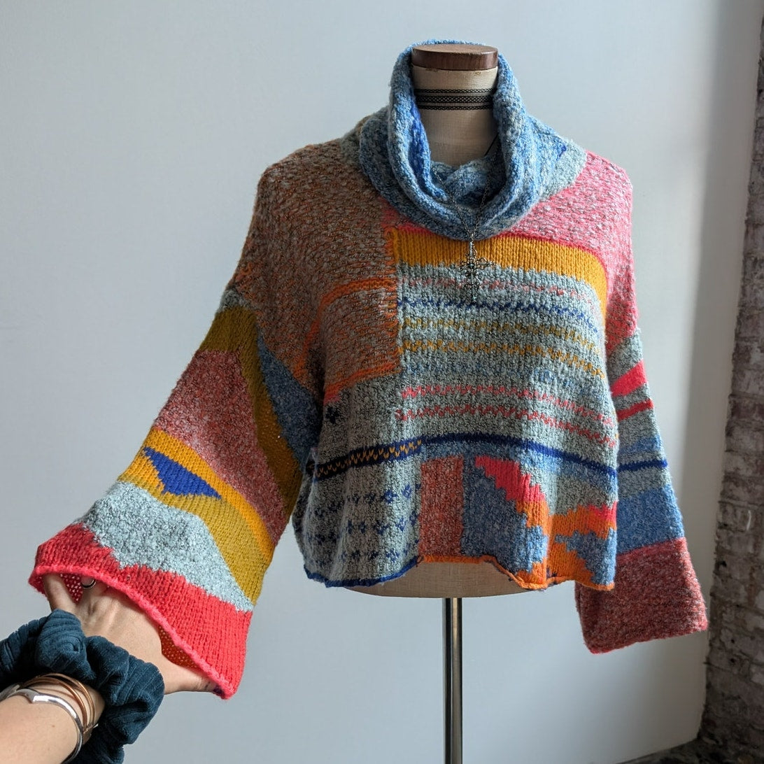 Chunky Knit Oversize Striped Turtleneck Sweater Cropped Kawaii Boho Cute Medium