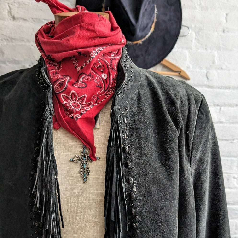 Vintage Black Leather Fringe Trench Coat Embroidered Sequin Western Suede Duster