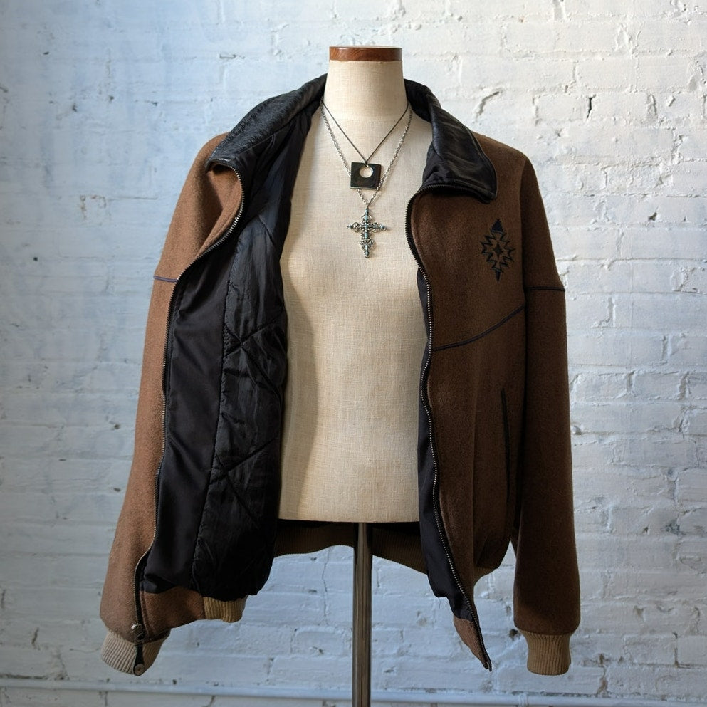 Vintage Brown Wool Leather Bomber Jacket Western Utility Cowboy Chore Coat Large
