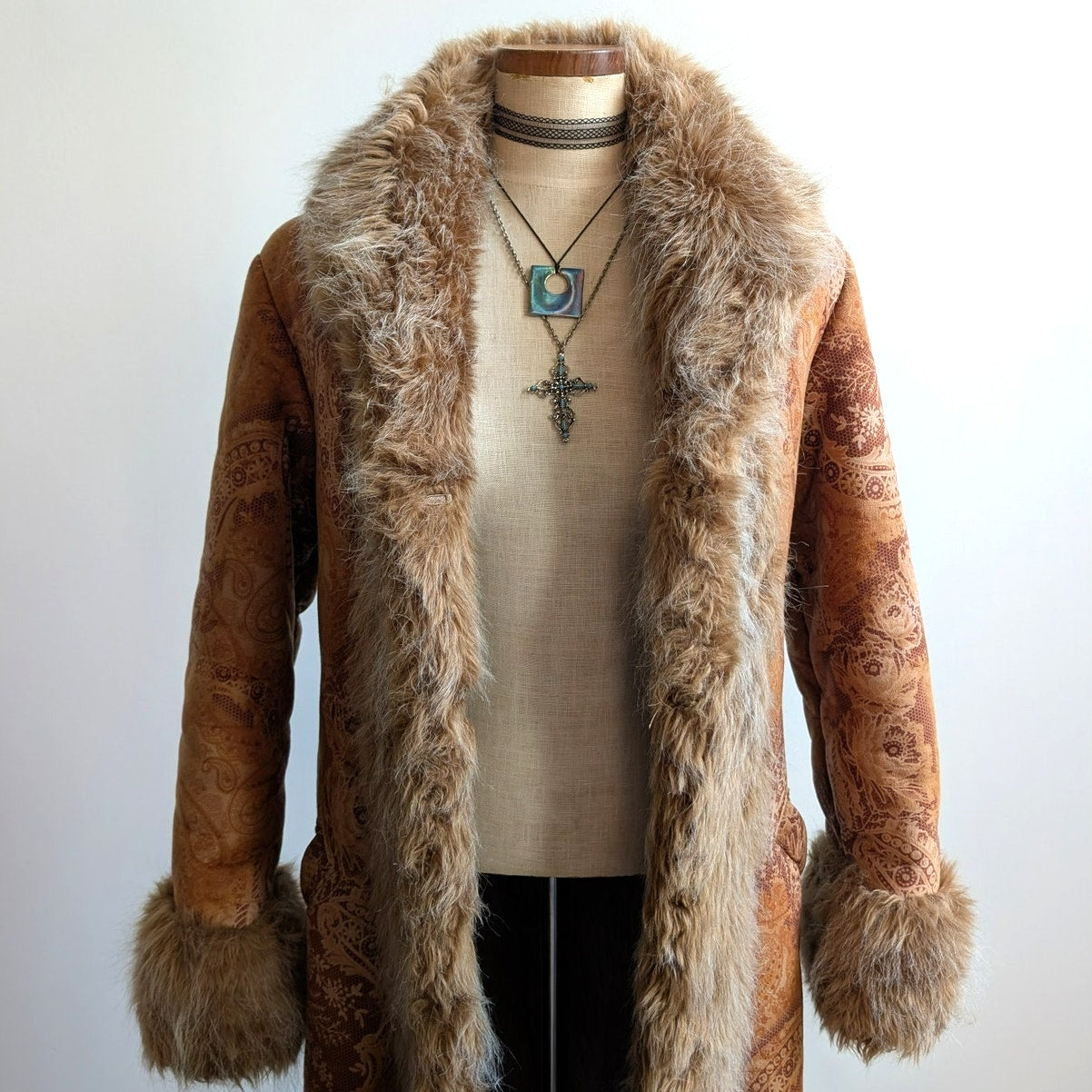 Vintage Penny Lane Groovy Faux Fur Jacket Boho Afghan Tapestry Trench Coat Small