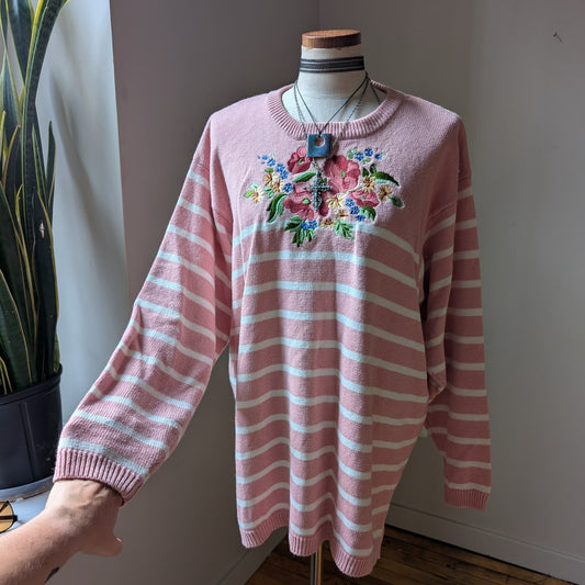 Vintage 90s Liz Claiborne Striped Embroidered Cottagecore Sweater Large XL Tunic