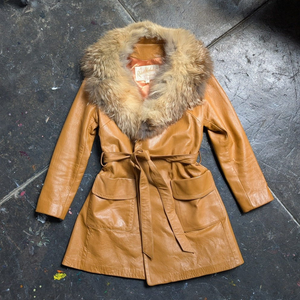 Vintage Mustard Leather Penny Lane Jacket Groovy Fur Trim 70s Trench Coat Medium
