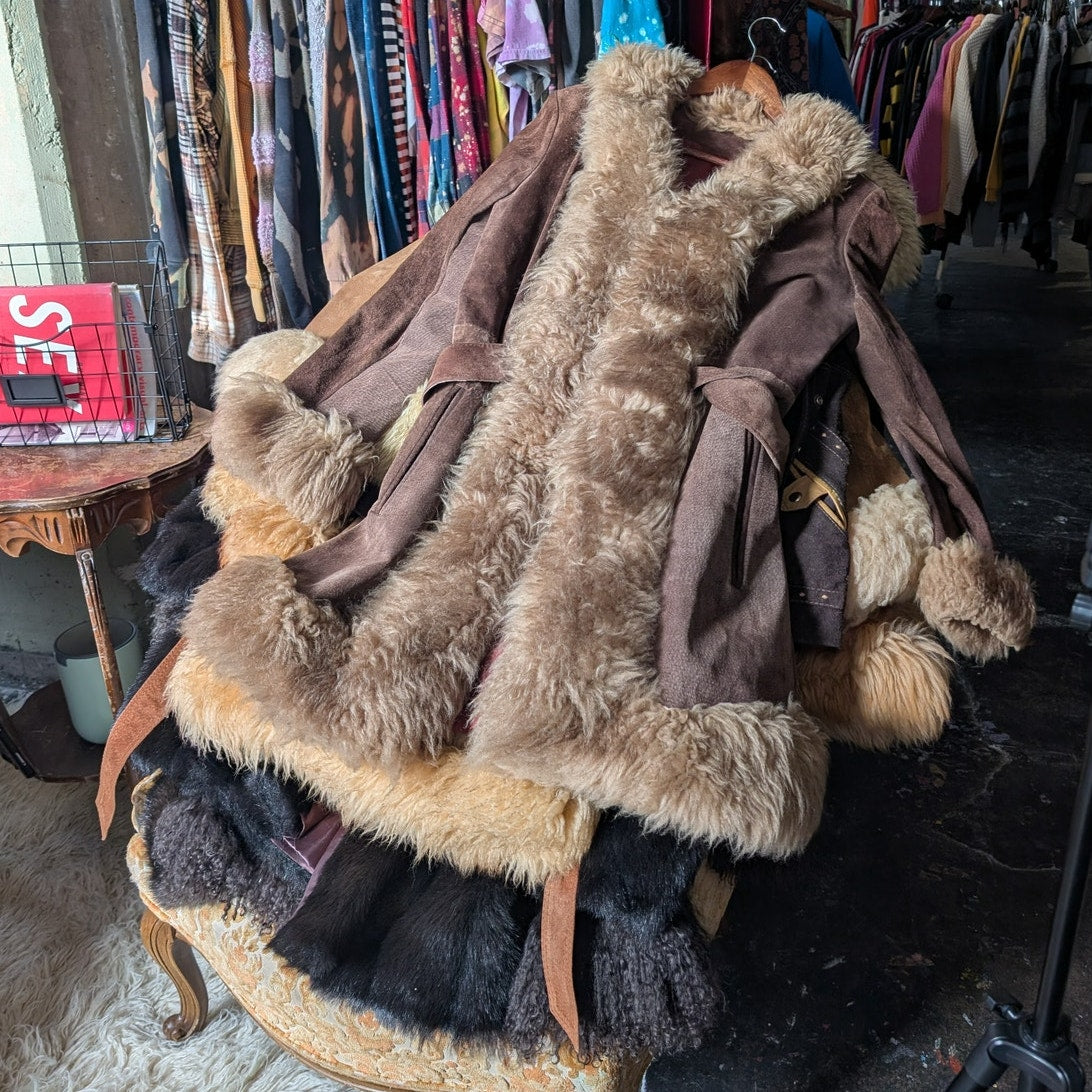 Vintage Brown Suede Penny Lane Jacket Groovy Fur Trim Leather Trench Coat Medium
