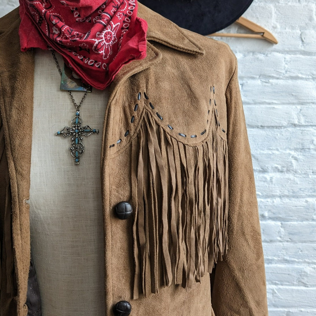 Vintage Brown Suede Fringe Jacket Classic Western Cowboy Genuine Leather Coat
