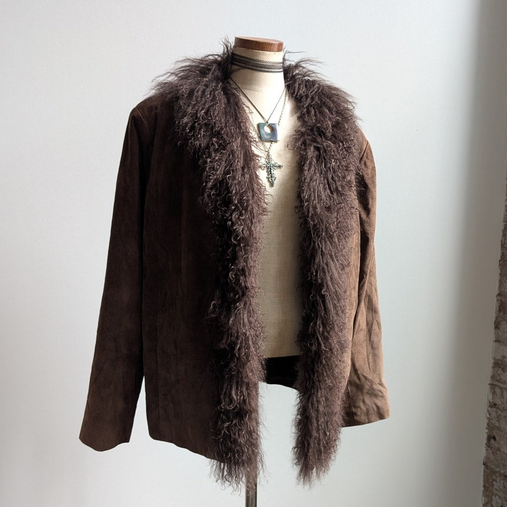 Vintage Brown Suede Penny Lane Jacket Fur Coat Groovy Leather Trench Coat XL