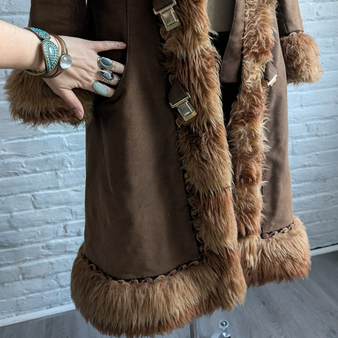 70s Vintage Brown Faux Fur Afghan Coat Penny Lane Groovy Shaggy Trench Jacket