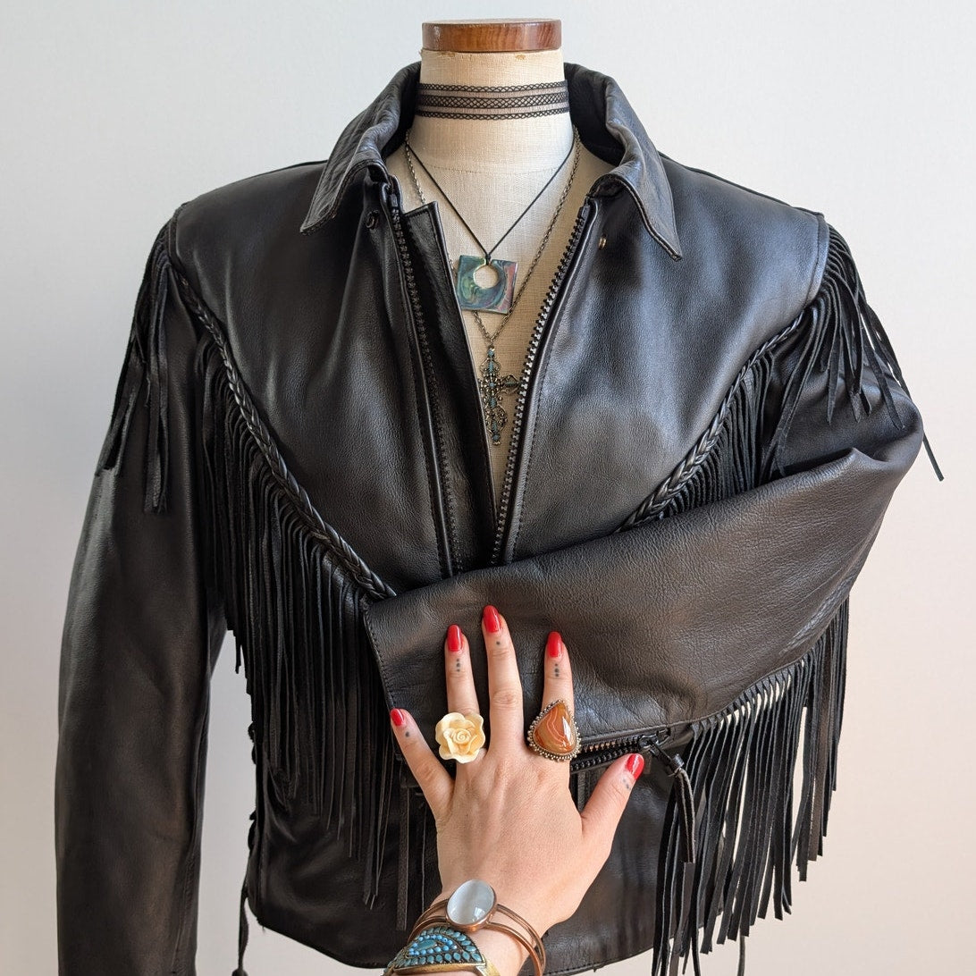 Vintage Black Leather Biker Jacket Fringe Sexy Moto Cowgirl Western Coat Small