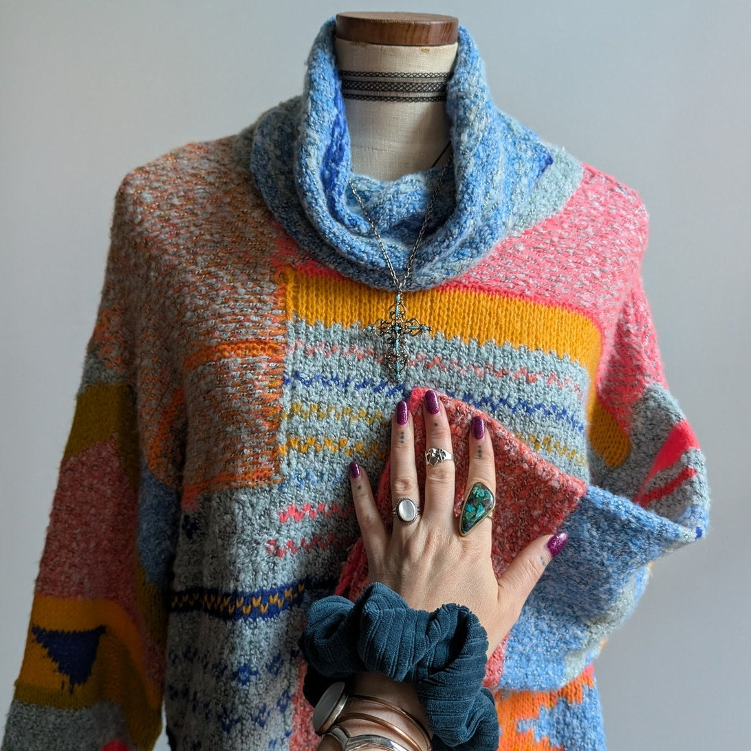Chunky Knit Oversize Striped Turtleneck Sweater Cropped Kawaii Boho Cute Medium