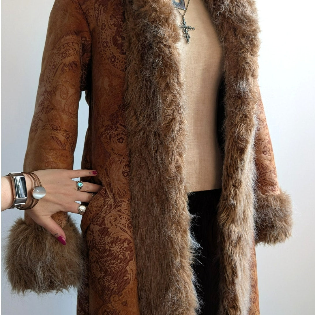 Vintage Penny Lane Groovy Faux Fur Jacket Boho Afghan Tapestry Trench Coat Small