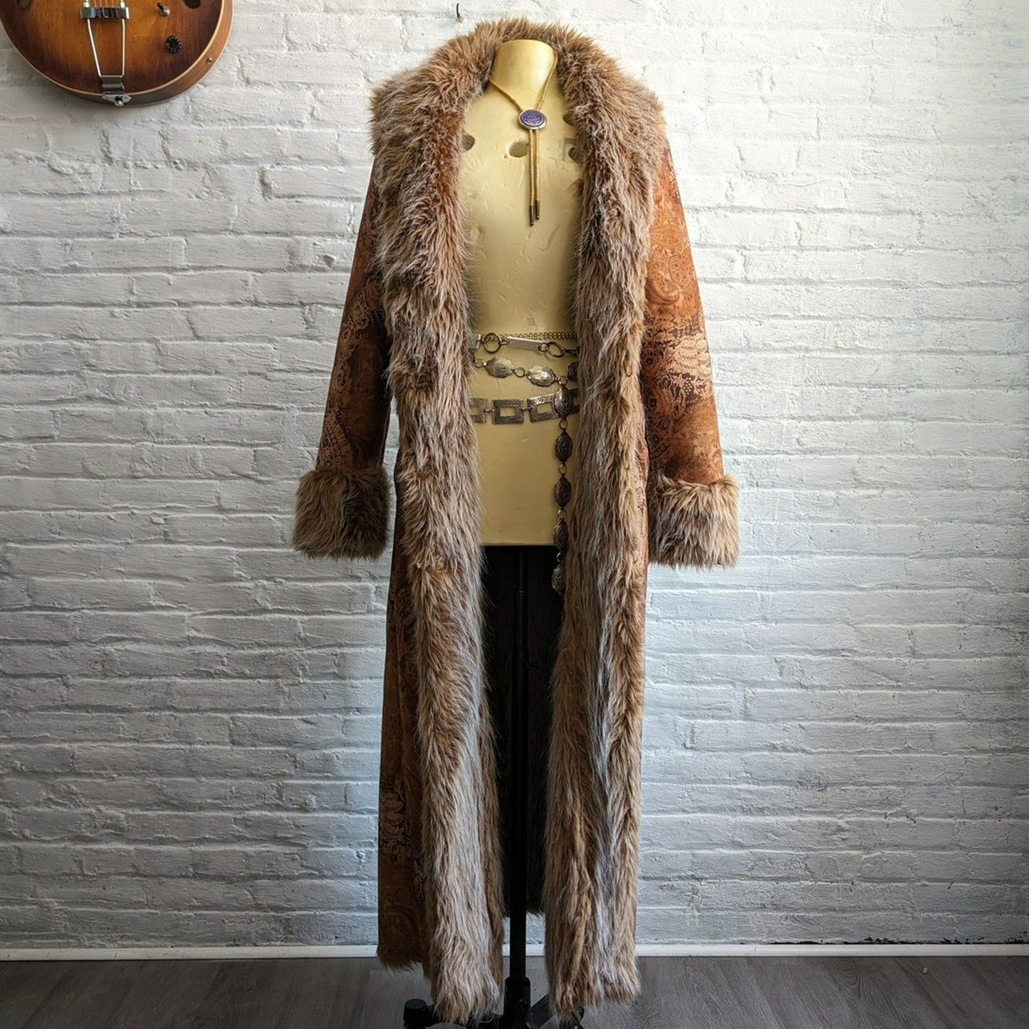 90s Vintage Penny Lane Groovy Faux Fur Jacket Afghan Tapestry Trench Coat Large