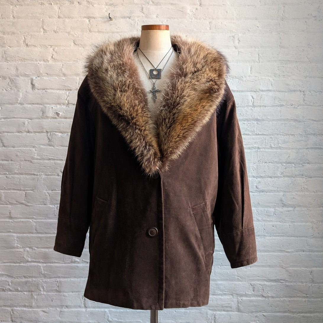 Vintage Brown Genuine Suede Fur Trim Coat Leather Minimalist Mini Trench Jacket
