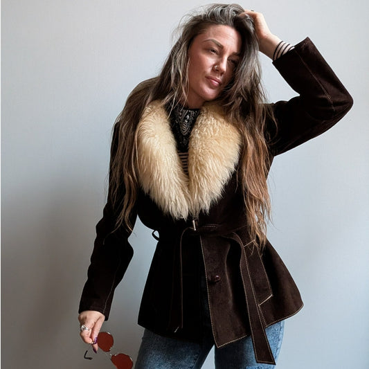 Vintage Brown Suede Penny Lane Jacket Belted Furry Leather Western Coat Medium