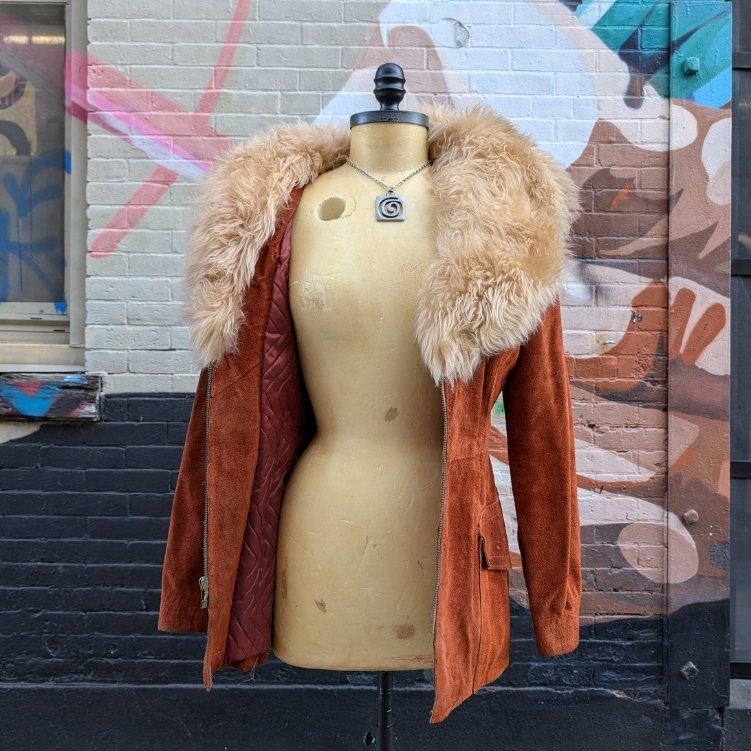 70s Penny Lane Groovy Suede Fur Jacket Furry Genuine Leather Mod Trench Coat