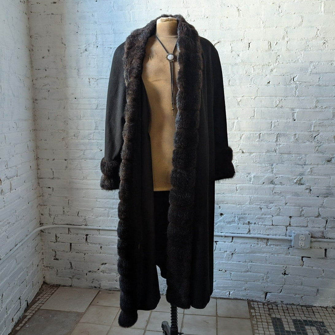 Vintage Black Wool Trench Coat Faux Fur Minimalist Penny Lane Grunge Goth Jacket