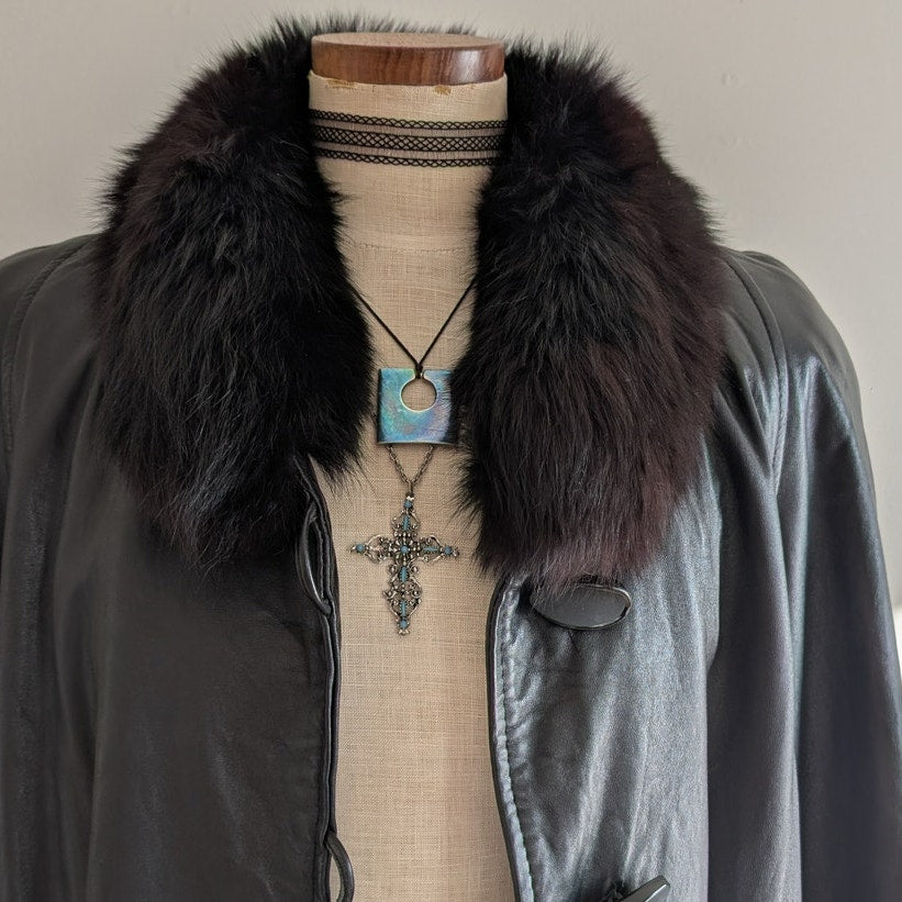 Vintage Black Leather Penny Lane Jacket Fur Trim Goth Afghan Trench Coat Small