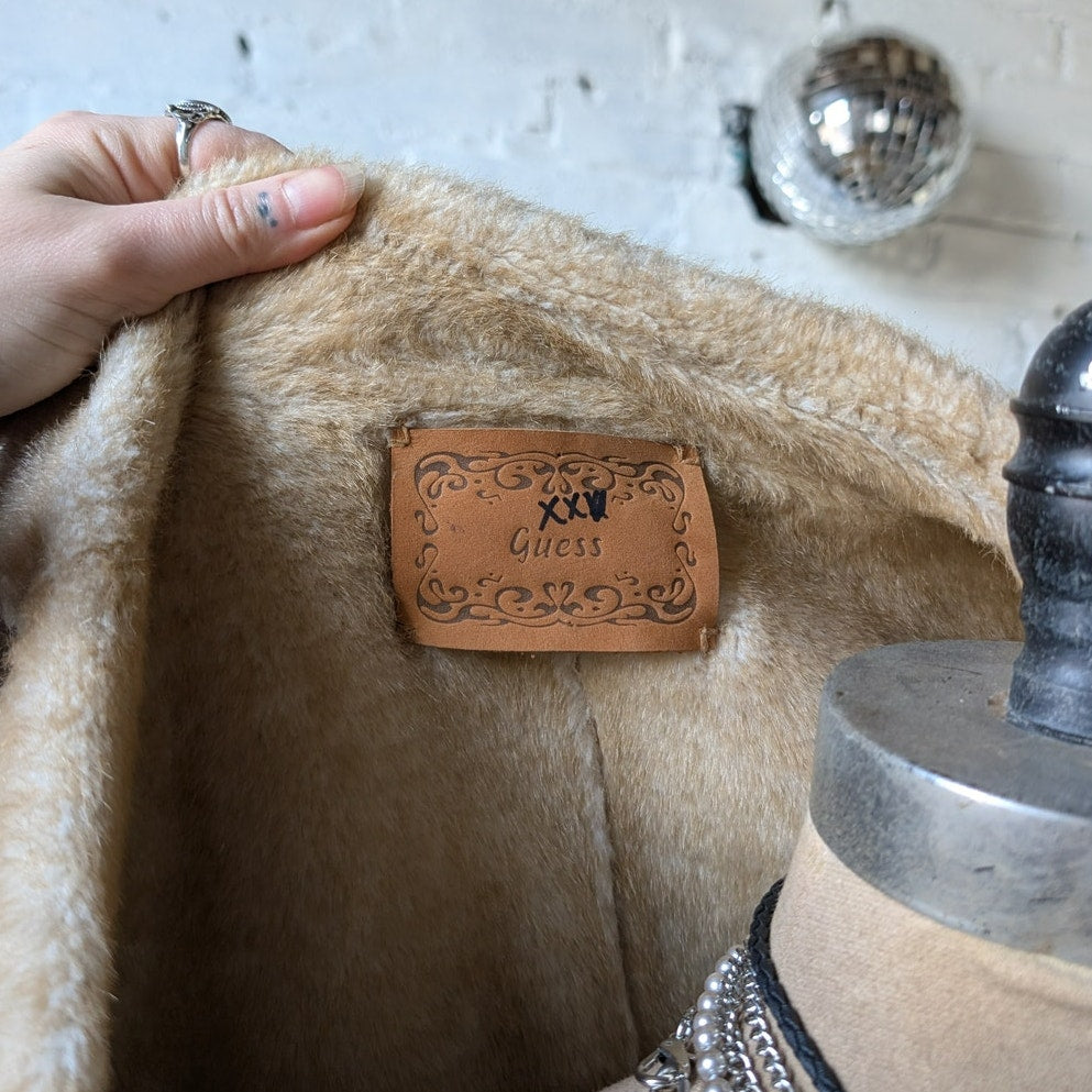 Vintage Neutral Tan Suede Leather Duster Groovy Boho Faux Fur Trench Coat Jacket