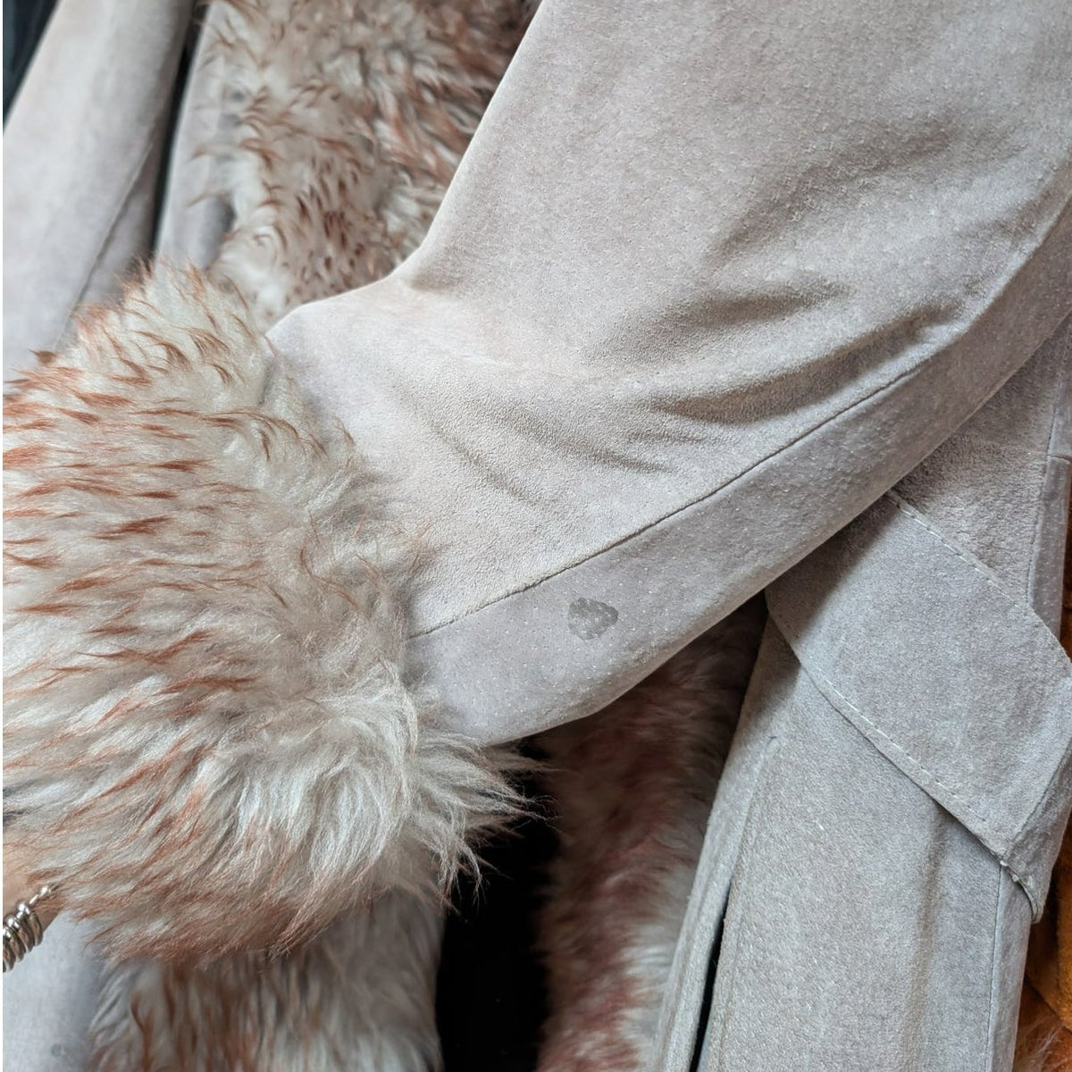 Vintage Suede Penny Lane Fur Trim Jacket M Tan Shearling 70s Leather Trench Coat