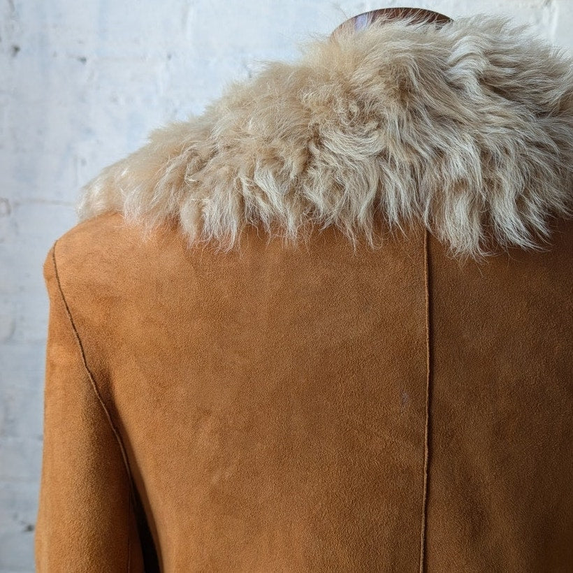 Vintage Orange Suede Penny Lane Fur Jacket Groovy Boho Furry Western Trench Coat