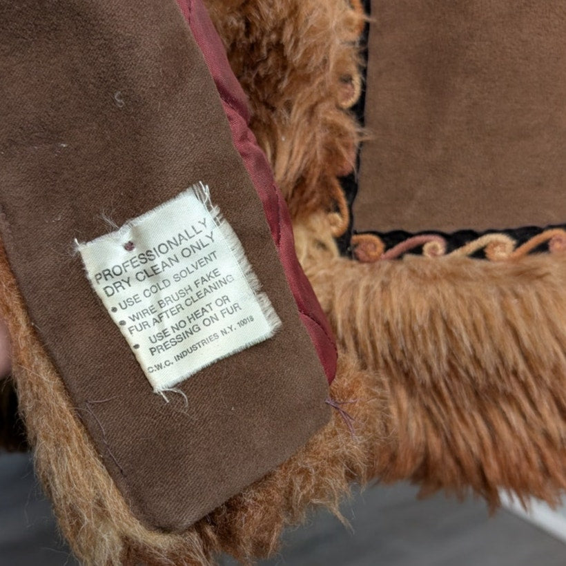 70s Vintage Brown Faux Fur Afghan Coat Penny Lane Groovy Shaggy Trench Jacket