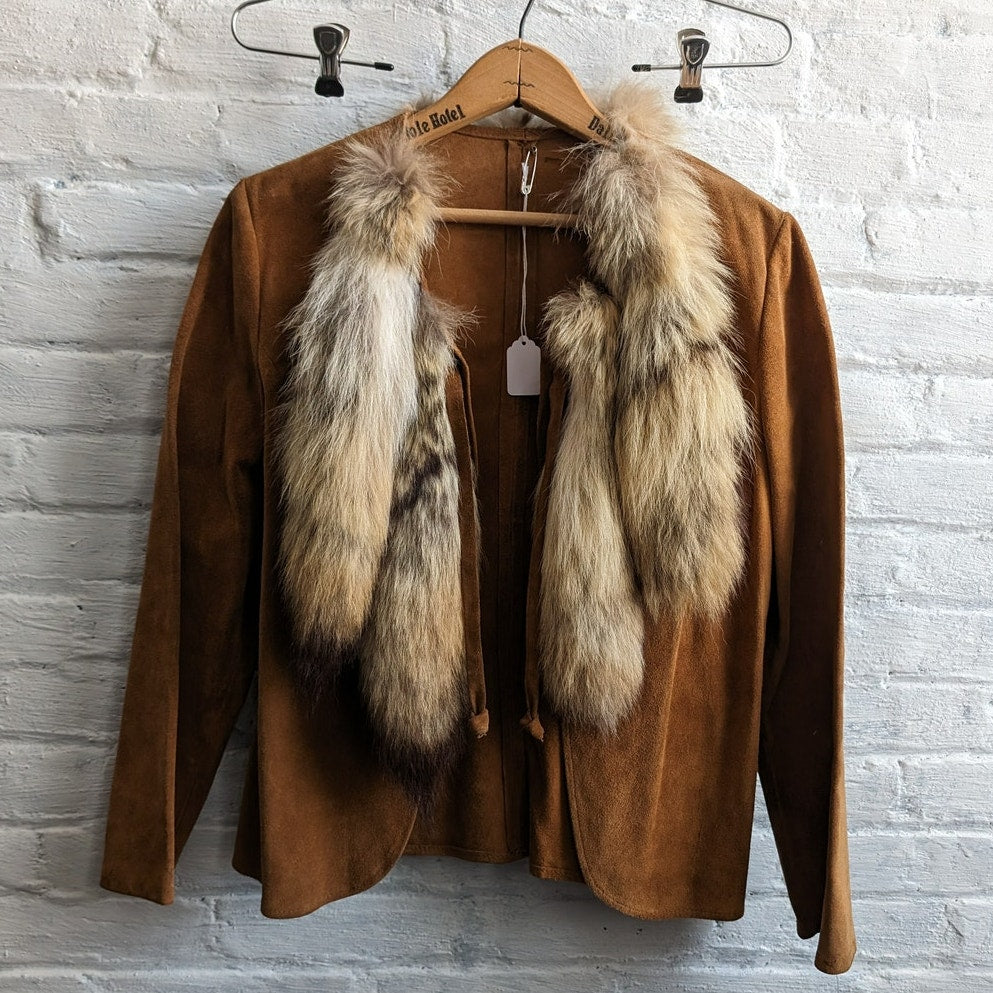 Vintage Brown Leather Jacket Fur Festival Jacket Foxtail Furry Boho Suede Medium