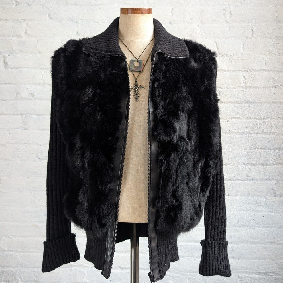Vintage Black Genuine Rabbit Fur Sweater Stretchy Jacket Knit Faux Leather Top