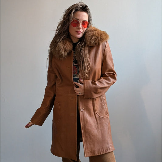 Vintage 90s Brown Leather Trench Coat Sz L Penny Lane Jacket Fox Fur Trim Boho