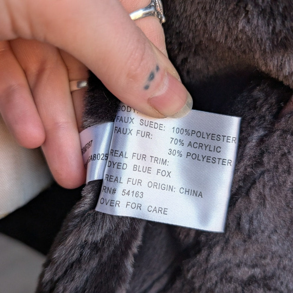 Vintage Brown Faux Suede Fox Fur Trim Coat Minimalist Mini Trench Boho Jacket