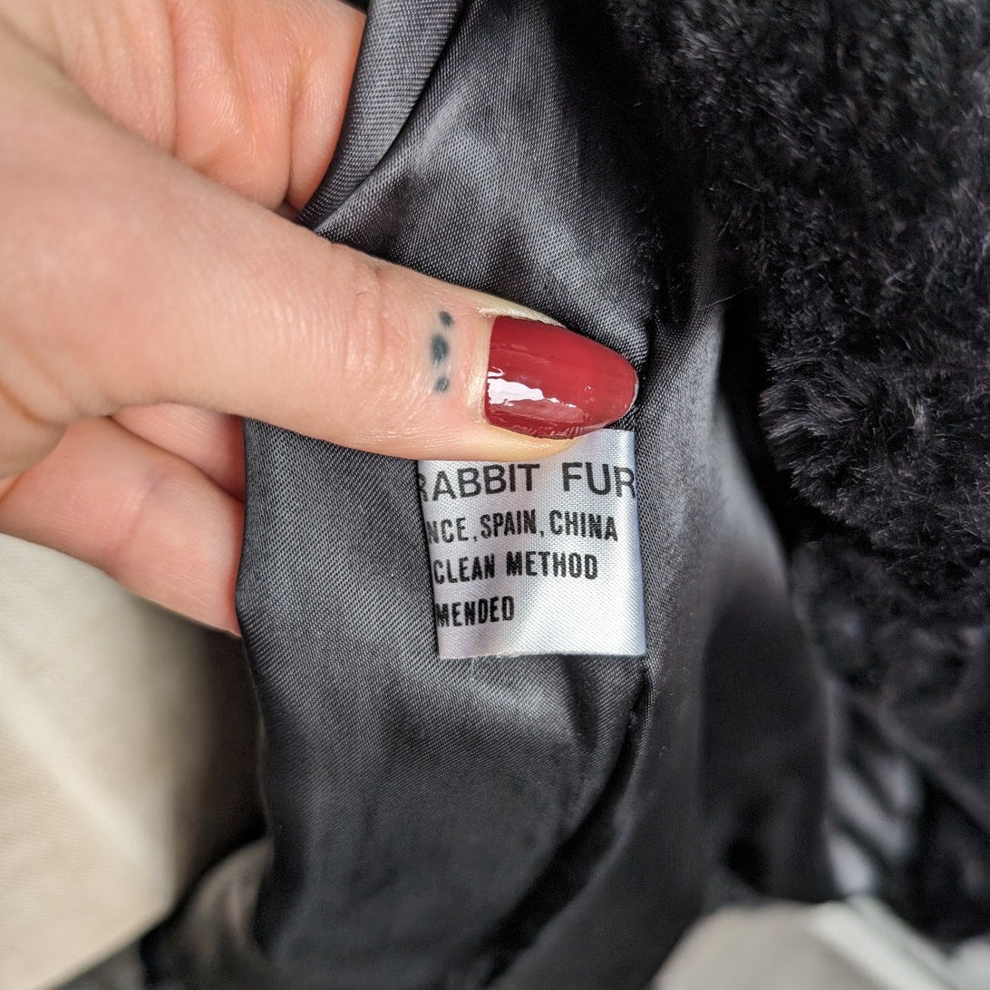 Vintage Black Rabbit Fur Bomber Coat Minimalist Shaggy Furry Fuzzy Moto Jacket