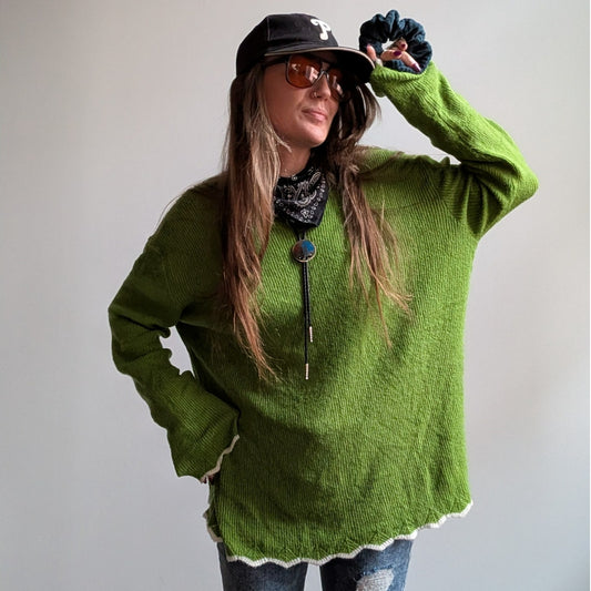Vintage Green Chunky Knit Light Sweater Grunge Slouchy Cottagecore Woodsy Top L
