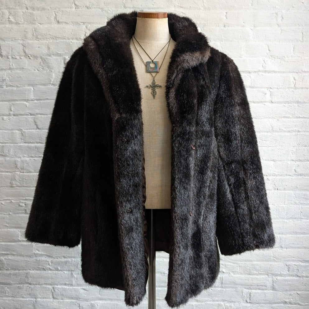 Vintage Brown Faux Fur Coat Plush Minimalist Mob Wife Fuzzy Glam Goth Jacket