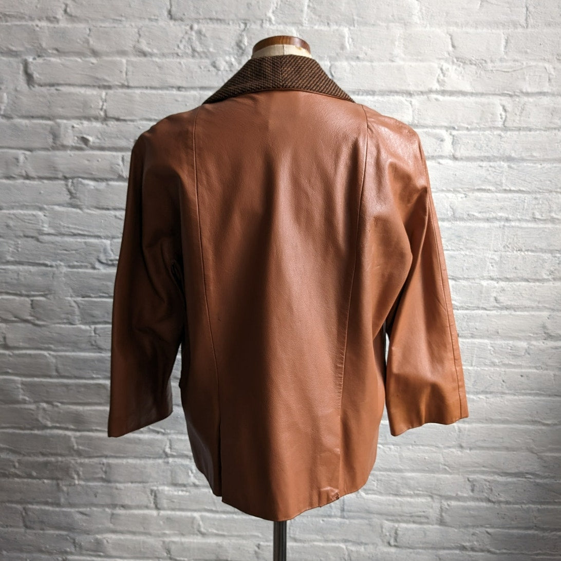 Vintage Brown Leather Jacket Rusty Orange Cropped Preppy Blazer Tweed Coat Small