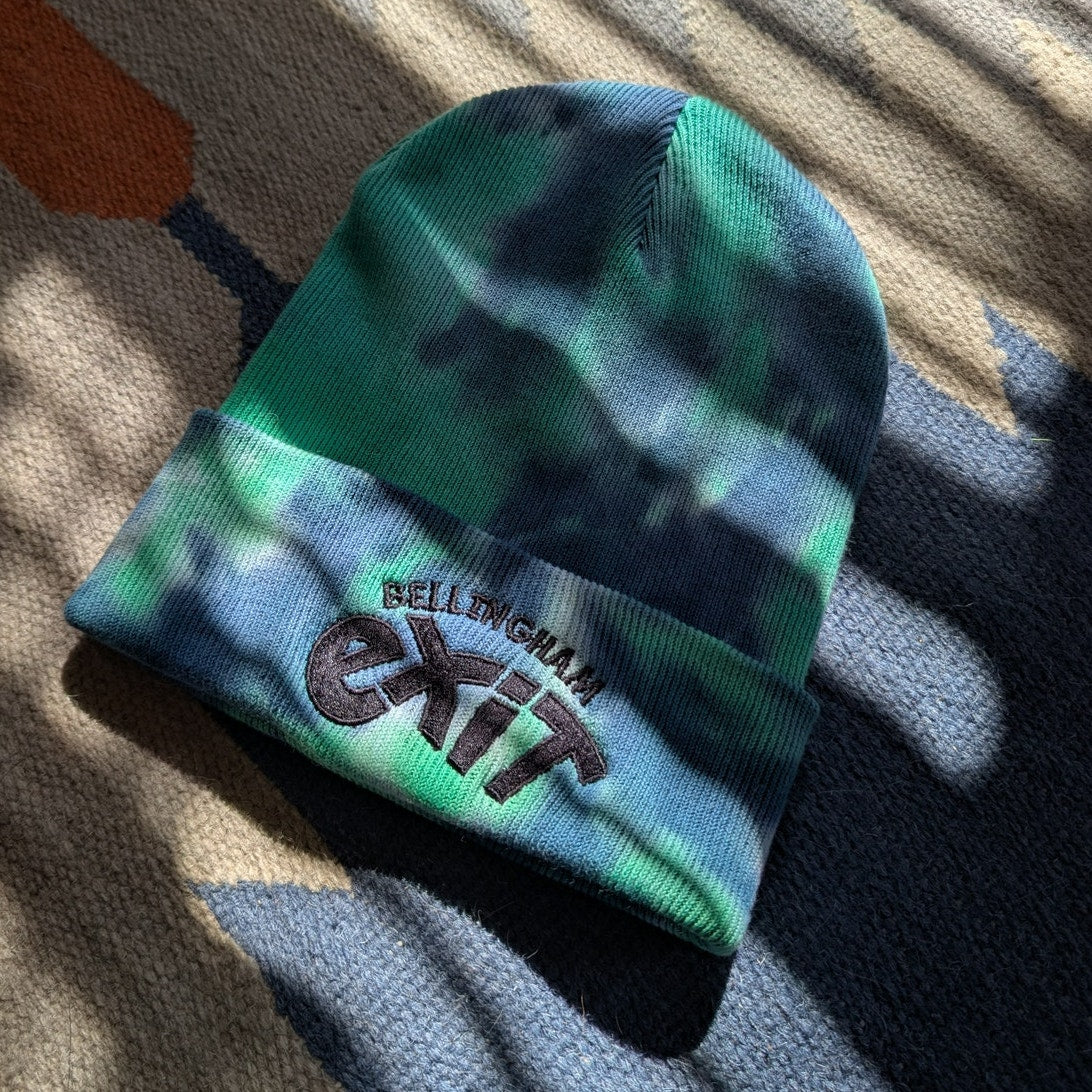 Tie Dye Beanie Green Blue Cotton Knit Festival Hat Embroidered Exit Bellingham
